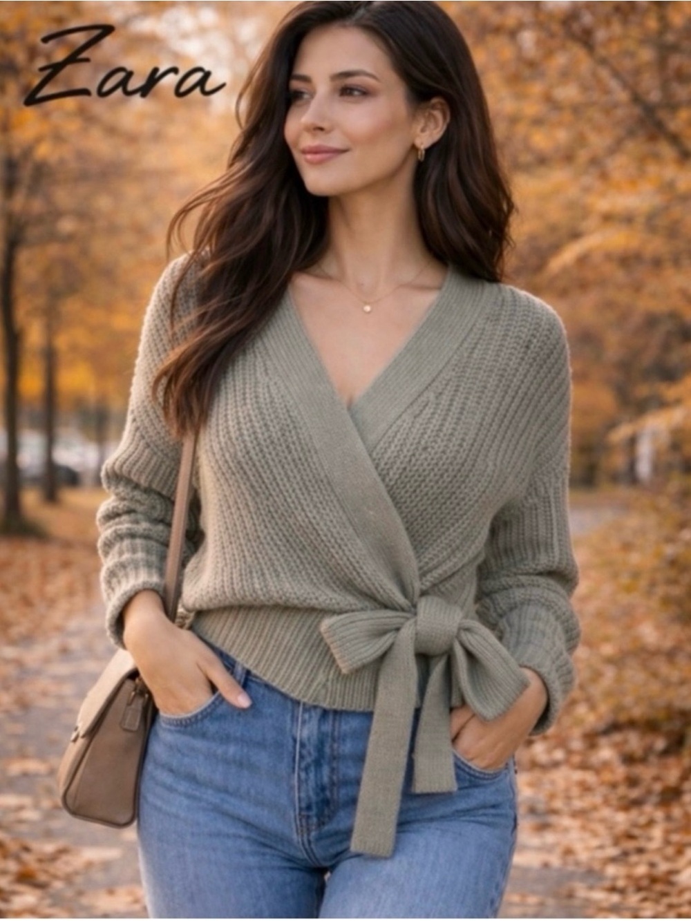 Zara NWT Wrap Sweater Tie Front Belted Knit Light Sage Green V Neck. Cropped. L